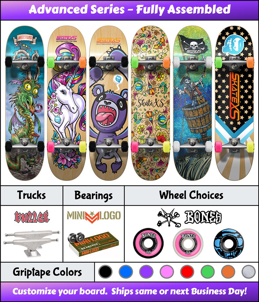 SkateXS Advanced Series Kids Skateboards shown with designs, Bullet trucks, Mini-logo bearings and Bones 100s colorful wheel options 